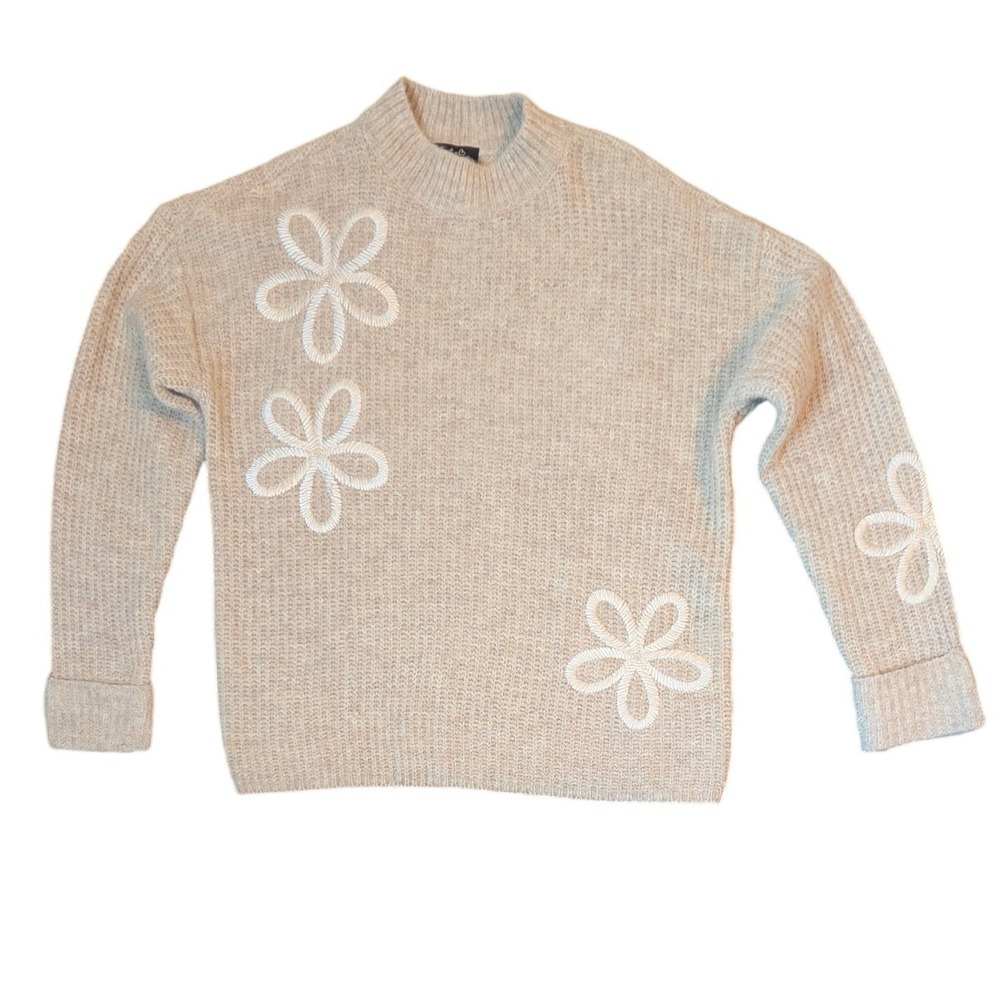 Charlie B Oatmeal Beige Floral Embroidered Mock Neck Knit Sweater Size L